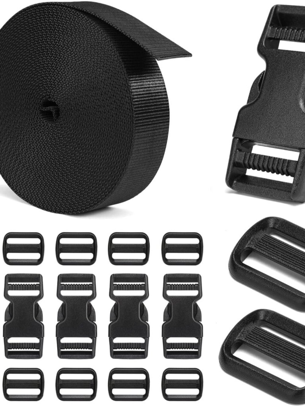 Buckles and Straps Set 1": 6 Yards of Thick Nylon Webbing, 6-Pack Heavy Duty Adj